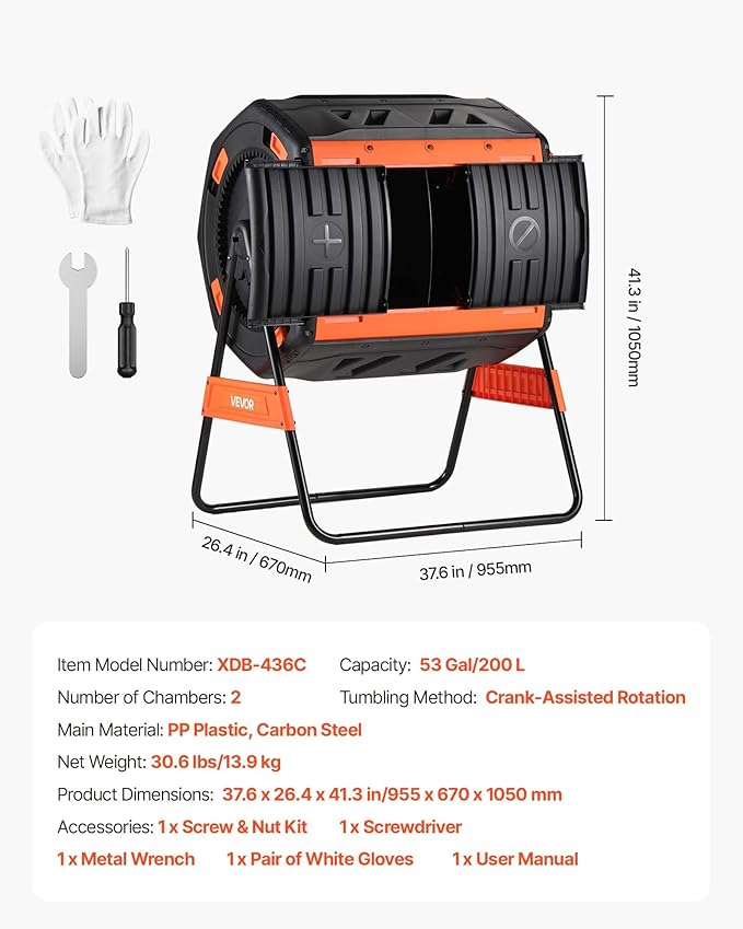 VEVOR Compost Tumbler, 53 Gallon Dual Chamber Outdoor Tumbling Composter with 2 Sliding Doors and Aeration System, Large Easy-Turn Rotating Composting Bin for Outside, Garden, Kitchen, and Yard Waste