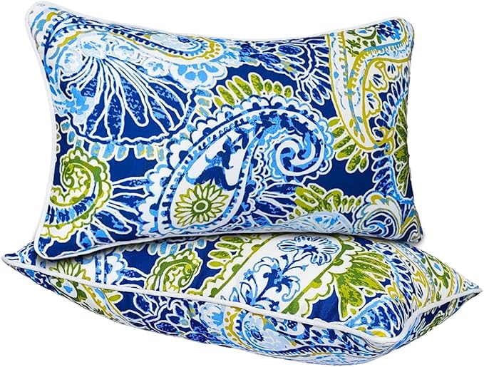 JMGBird Lumbar Support Pillow Set of 2 - Paisley Pattern Water-Repellent Cushions with Insert for Office Chair, Car Seat, Outdoor Furniture, 12x20 Inch
