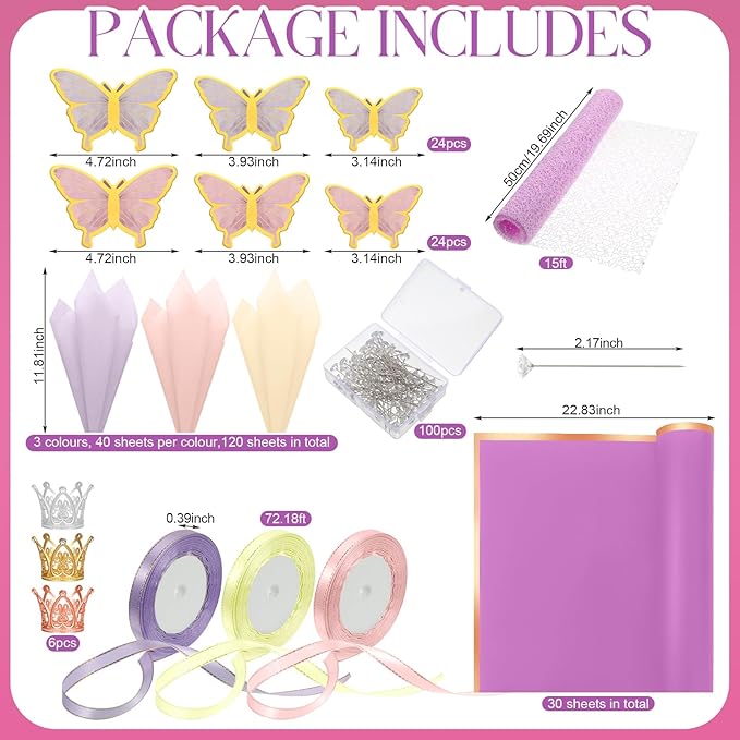 Qilery 334 Pcs Flower Wrapping Paper Set,153 Waterproof Floral Bouquet Wrapping Paper,72 3D Gold Butterfly Decoration,100 Pins, 6 Crowns and 3 Ribbons for DIY Craft(Adorable Color)