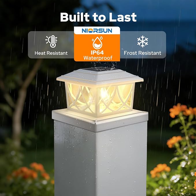 NIORSUN Solar Post Lights Outdoor, Fence Post Solar Lights with 3 Color Temps &2 Brightnesses, Edison LED Bulbs Fence Deck Decor, 4x4 Posts Caps, 4x4 &5x5 Vinyl, 4x4 &6x6 Wooden (6 Pack,White)