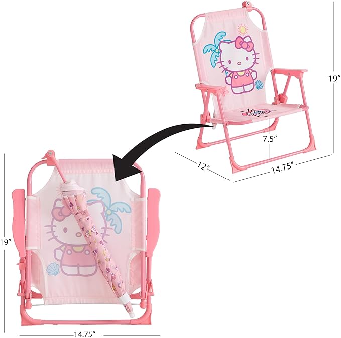 Sanrio Hello Kitty Kids Outdoor Folding Beach Chair with Umbrella,Portable Camp Chair for Ages 3+, Lightweight & Compact for Beach, Camping, and Backyard
