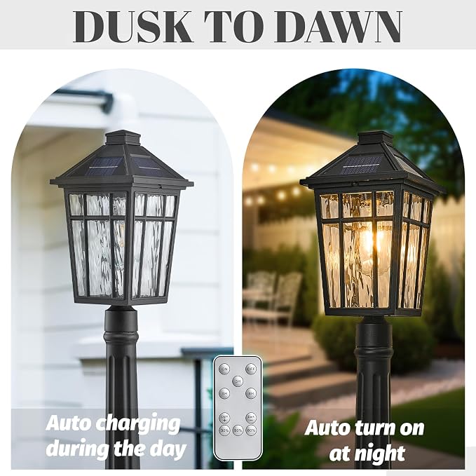 Solar Lamp Post Light 40.5 Inch Lamp Post Outdoor Lighting Waterproof Aluminum Material with Water Ripple Glass Black Solar Pillar Lights for Garden Lawn and Pathway