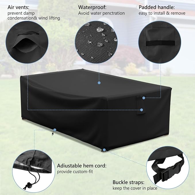 AKEfit Patio Furniture Covers,500D Heavy Duty Waterproof for Outdoor Square and Retangle Patio Table and Chair Covers,Black-126"L x 63"W x 29"H