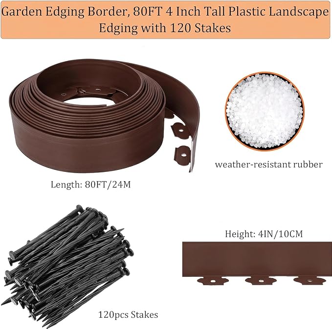 Garden Edging 80FT, Landscape Edging Borders with 120pcs Plastic Stakes, 4IN Tall Garden Mini Fence Edge Kits for Yard, Tree, Grass, Gravel, Lawn Edging, Flowerbeds, Brown