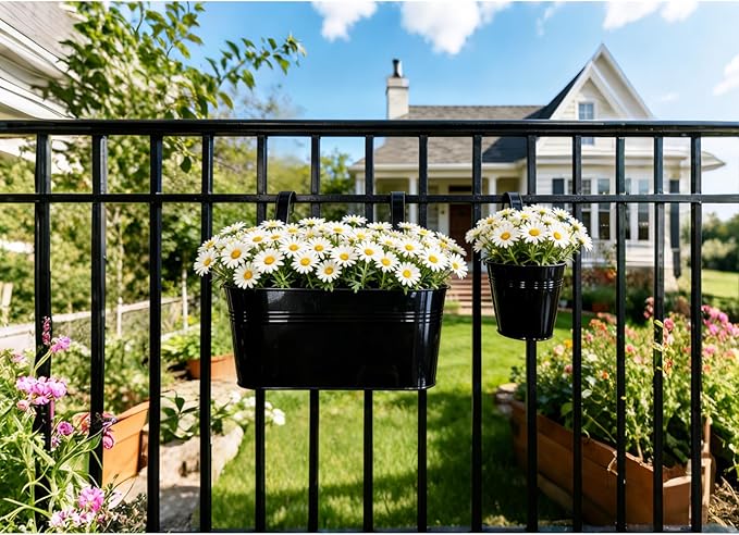 Set of 8 Outdoor Metal Railing Planters Box - 4 Pcs 5.12" Round Balcony Hanging Planter & 4 Pcs 17" Oval Fence Pot with Detachable Hooks Drainage, Black