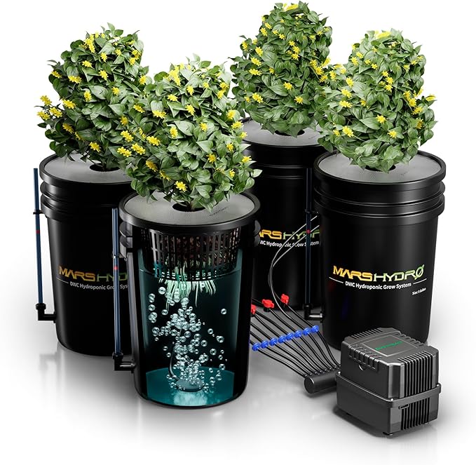 MARS HYDRO DWC Hydroponics Grow System Kit with Recirculating Top Drip, 11W Air Pump, Air Stone, Hose & 4 Buckets, 5 Gallon Deep Water Culture Indoor Hydroponic System