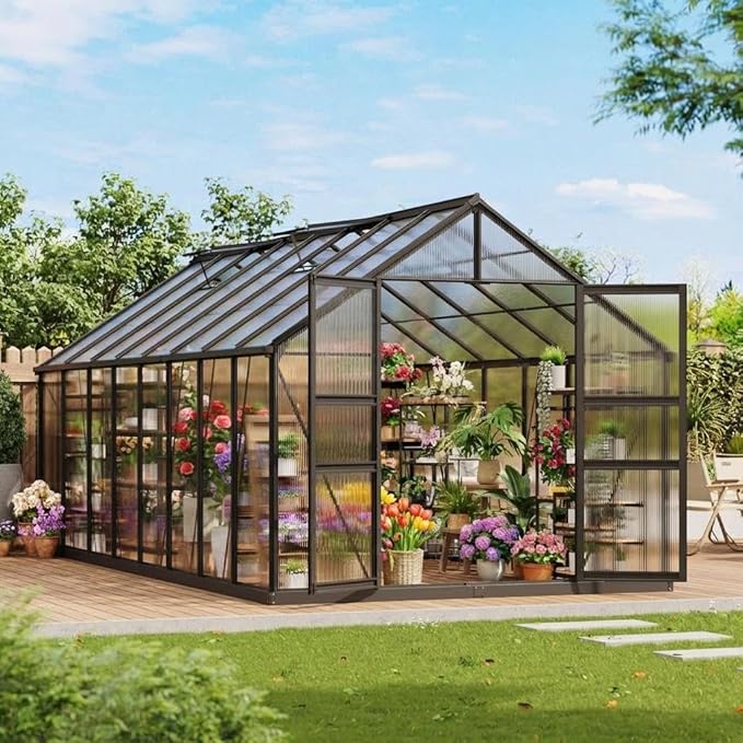 Garvee Greenhouse, 8×16FT Greenhouses for Outside,Outdoor Greenhouse with Roof Air Vent, Heavy Duty Walk-in Aluminum Green House for Outside Garden Backyard