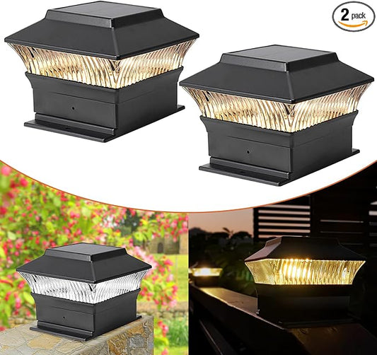 2 Pack Solar Post Cap Lights - Classic #1: for Flat Surfaces & 4x4 Vinyl, Also Fits 4x6 Wood (Sits-On-Top), 25 Lumen 3000K Warm White, Outdoor Deck Fence Light, Waterproof, Matte Black