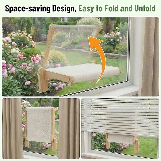 Cat Window Perch with Bird Feeder – Foldable Hammock, Strong Suction Cups for Indoor Cats(Nature)