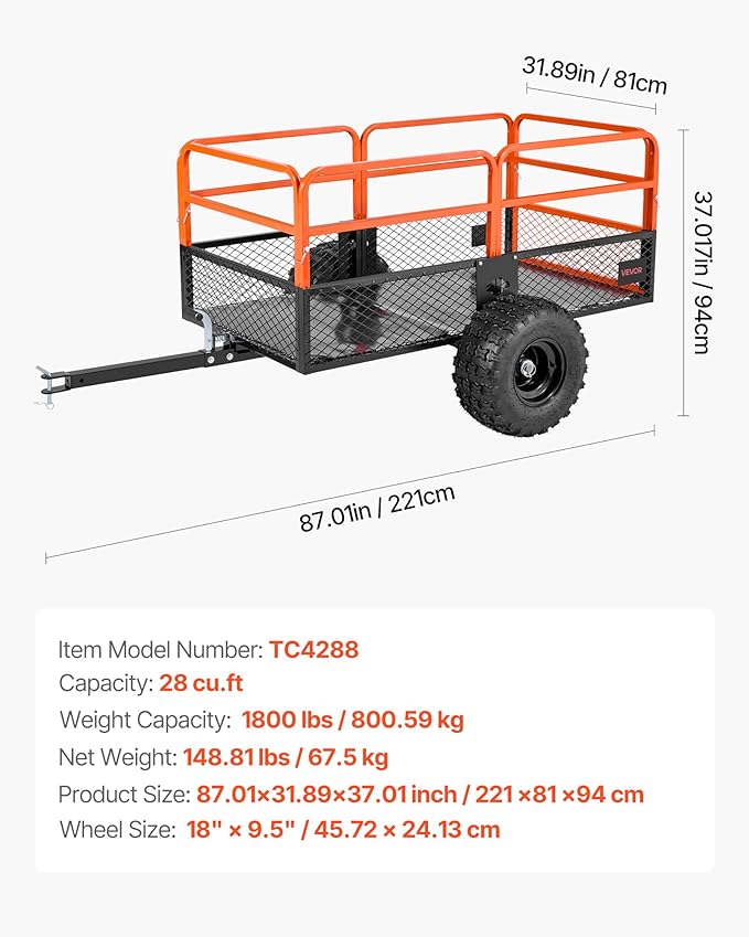 VEVOR 28 Cu.Ft 1800Lbs Steel ATV UTV Trailer Tow Behind Dump Cart, Heavy Duty Pull Behind Utility Dump Trailer for Lawn Mower Trailer Tractor Garden Yard with Removable Rear Panel