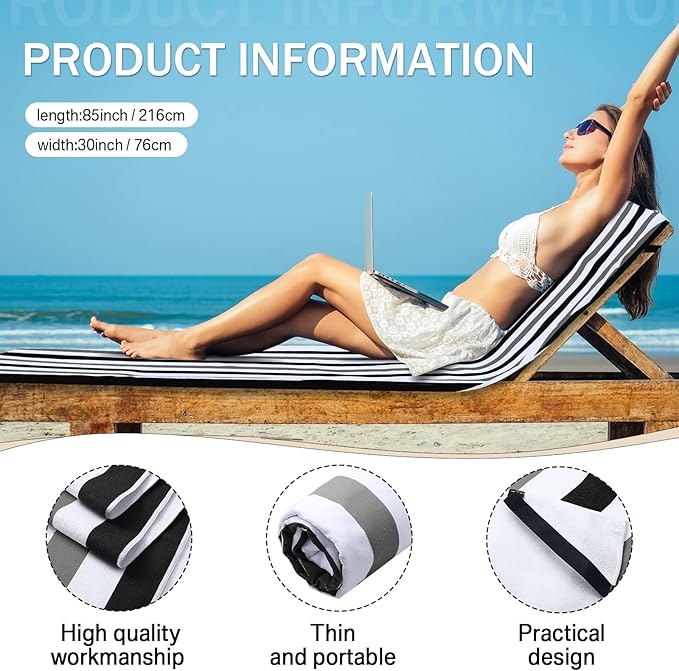 Fumete 2 Pack Lounge Chair Covers 30 x 85 Inch Pool Chaise Lounge Towels Microfiber Beach Chair Towel Portable Striped Outdoor Patio Furniture Cover for Sunbathing Picnic Spa(Black and Grey)