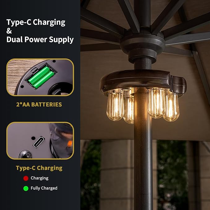 Patio Umbrella Light with Remote Control, Rechargeable Cordless LED Edison Bulbs Pole Light with 10 Brightness Levels for Garden, Patio, Backyard, Camping or BBQ - Brown (1 Pack)