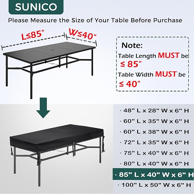 SUNICO Outdoor Table Cover rectangular (85" L x 40" W x 6" H), Patio Table Cover rectangle for Patio Table & Dining Table & Picnic Table.Windproof, Waterproof, Stain-Resistant, Durable Table Cover