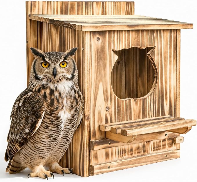 Owl House Bird House for Outside - 14.2×12×7.5 Inch Screech Owl Nesting Box, Owl-Shaped Entrance, Wooden Bird Box, Easy to Install, Ideal for Backyard Birding & Wildlife | Owl-Shaped Entrance, Wooden Bird Box, Easy to Install, Ideal For Backyard Birdin...