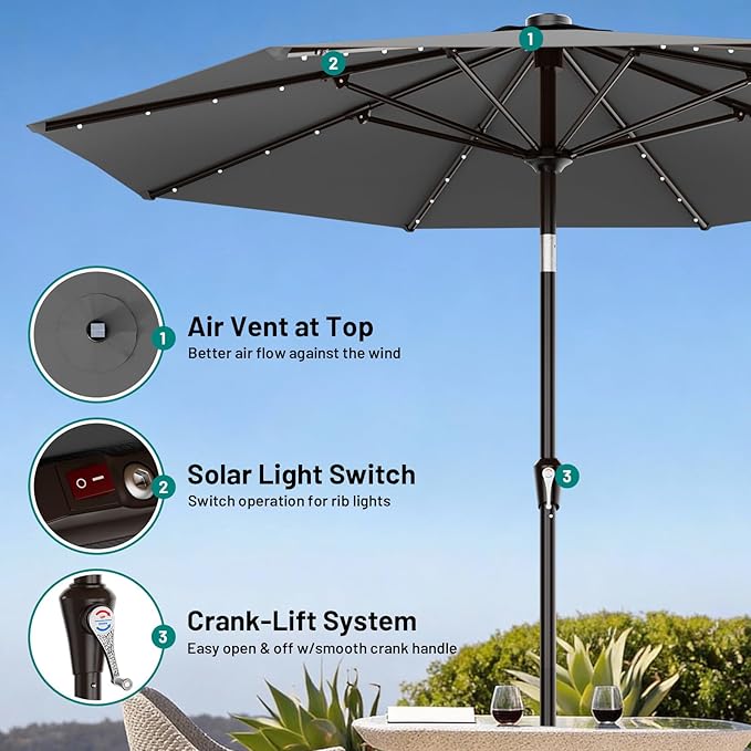 AreShark 9FT Patio Umbrella with Solar Lights, 32 Lighted Pool Umbrella w/Tilt and Crank, Outdoor Market Solar Umbrellas for Garden, Deck, Backyard, Pool and Beach, Gray