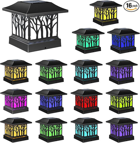 16 Pack Solar Post Cap Lights, Outdoor Fence Solar Powered Cap with 4 Lighting Modes Waterproof Light Decorative for Deck Patio or Garden Decor, Fits 4x4 Wood Vinyl Posts (Tree-Pattern Design)