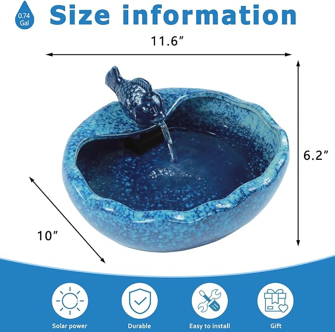 Ceramic Solar Fountain Bird Bath with Battery Backup,Bird Bath for Outside,Bird Bath Bowl for Garden, Patio & Yard Decor,Working at Night for at Least 6 Hours (Koi Fish).