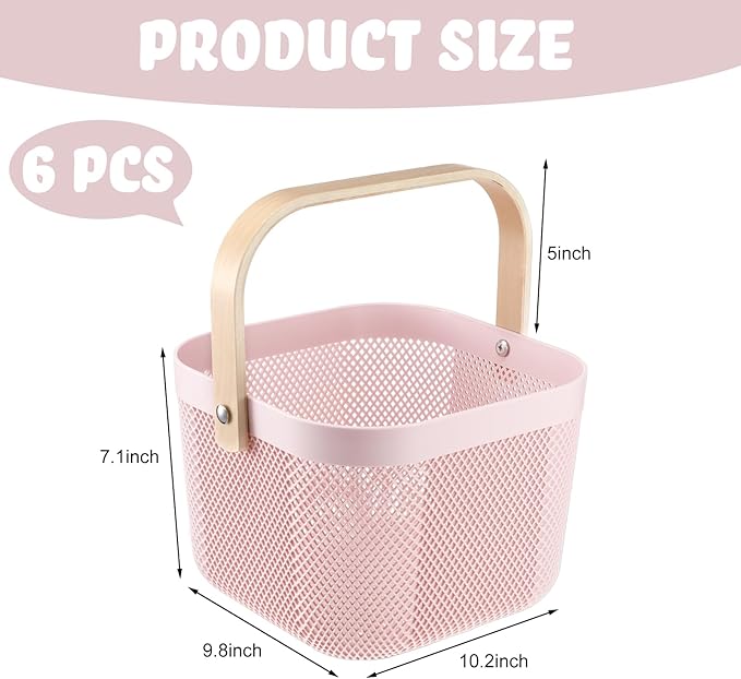 Roshtia 6 Pcs Plastic Mesh Storage Basket with Handle 9.8 x 10.2 x 7.1 Inch Garden Harvest Storage Basket Multi Functional Hanging Organizer for Kitchen Bathroom Picnic Cabinet Home(Pink)