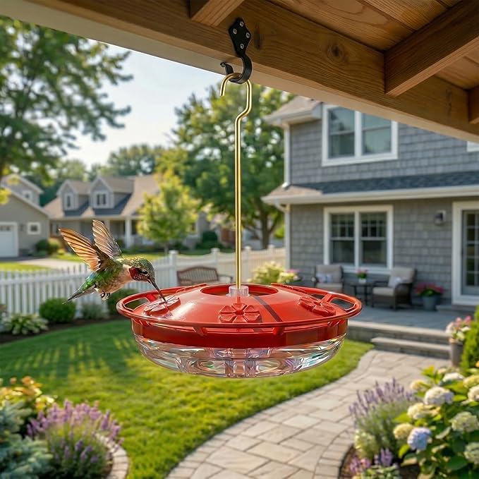 eWonLife 2 Pack Hummingbird Feeders for Outdoors, 16oz Leak-Proof Saucer Humming Bird Feeder with Integrated Ant Moat, Bee Proof Feeding Ports, Brush, Easy Clean & Refill, Hanging Garden Decor for Mom