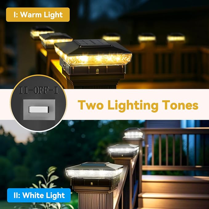 KEILAIMO Solar Post Cap Lights, 16-Pack Upgraded Outdoor Deck Fence Post Solar Lights for 4x4 5x5 Wood/Vinyl Posts, IP65 Waterproof, 10-12 Hours Warm/Cool White Glow for Garden/Patio/Porch - Black