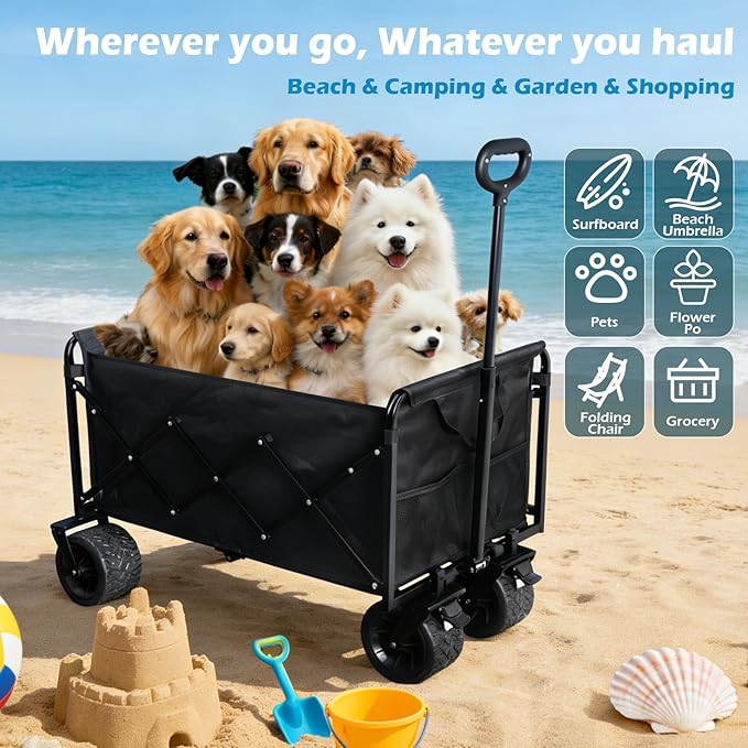 600LBS Beach Wagons Carts Foldable for Sand, Heavy Duty Collapsible Wagon with Brakes & All-Terrain Big Wheels, Large Foldable Folding Wagons for Beach Camp Sports Grocery, Portable