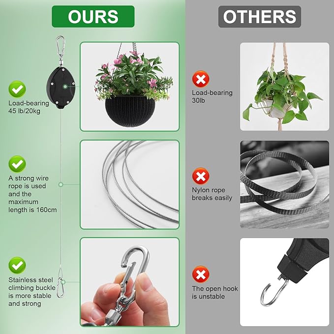 Heavy Duty Retractable Plant Hangers, Adjustable Pull-Down Pulleys with 63" Stainless Steel Rope, Double Hooks for Hanging Plants, Bird Feeders, Planters & Pots, Indoor & Outdoor Use (2Pcs- Black)
