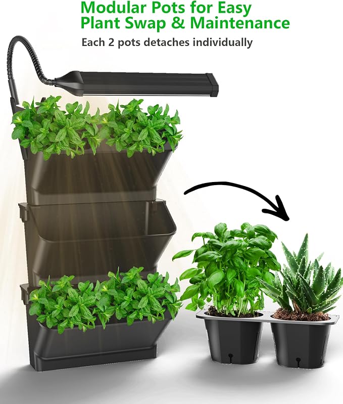 Wall Planters for Indoor Plants with Grow Light & Self Watering System, 6-Pot Vertical Garden for Herbs, Vegetables, Flowers, Succulents, Includes Screws & Expansion Pipes