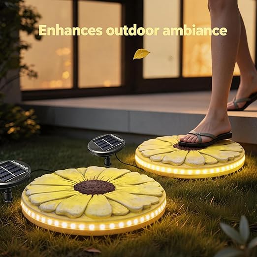 Solar Stepping Stone that Lights Up at Night, 10" Cement Daisy Flower Garden Path Stone, Non-Slip Weather-Resistant Outdoor Yard Walkway Decor (Yellow)