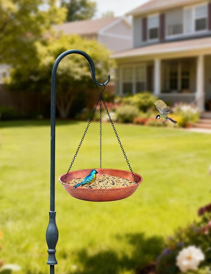Hanging Bird Bath for Outdoor, 11 Inch Dia Antique Copper Metal Bird Feeder Birdbath Bowl Mounted Black Chain Metal Yard Art Garden Decor 0.5 Gallon