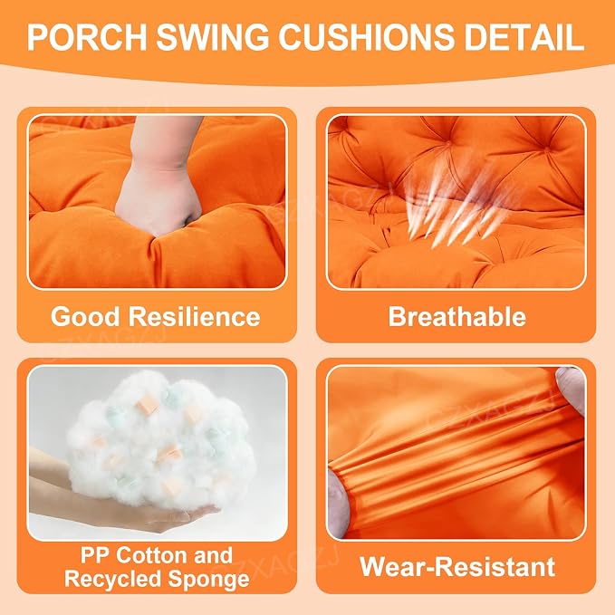 Porch Swing Cushions Outdoor 48 inch Waterproof Extra Thick 5" Swing Cushions Replacement with Backrest and Ties for Outdoor Furniture Porch Patio Garden Lawn (Orange)