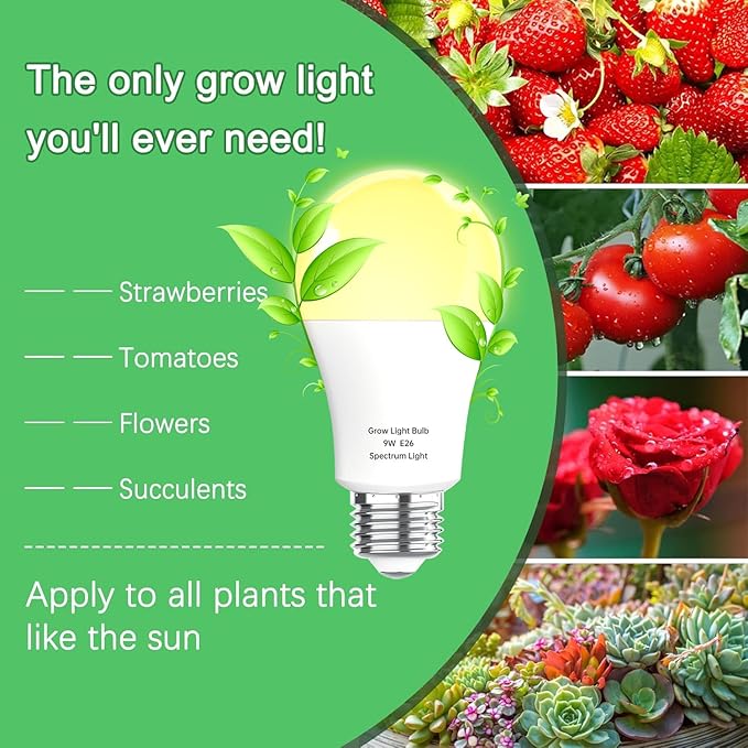 6 Pack Full Spectrum Grow Light Bulbs,A19 Grow Lights for Indoor Plants,Dimmable E26 9W Grow Bulb Replace up to 100W,Plant Lights for Indoor Growing,Flowers,Greenhouse,Indore