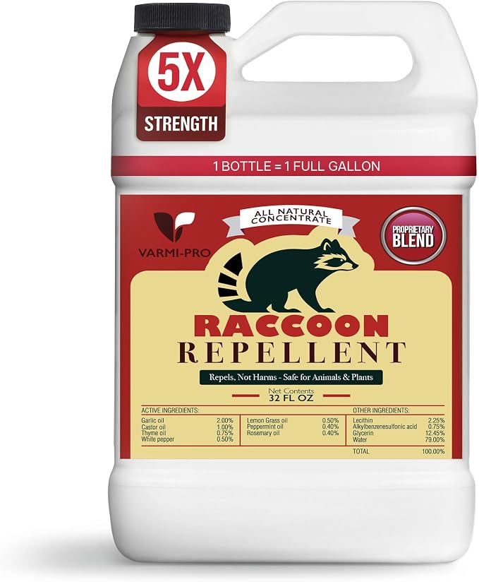 VarmiPro Raccoon Repellent Outdoor Spray Concentrate 32 oz – Natural Raccoon Deterrent for Yard, Garden & Lawn, Animal Repellent Outdoor Spray to Keep Raccoons Out of Your Yard