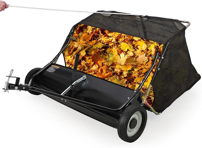 Tow Behind Lawn Sweeper, 48" Pull Behind Collector – Large Capacity Leaf & Grass Collector with Adjustable Height, Dumping Rope Design for Debris and Lawn Clippings