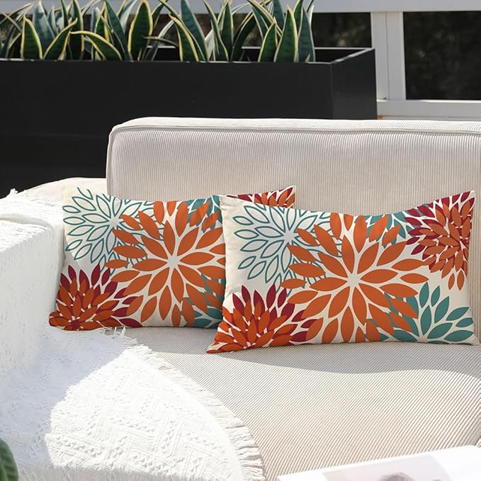 DFXSZ Orange Teal Red Flower Pillow Covers 12x20 Inch Set of 2 Fall Throw Pillows Outdoor Waterproof Decor for Living Room Sofa Patio Funiture Garden Floral Polyester Pillow Covers 002Y12