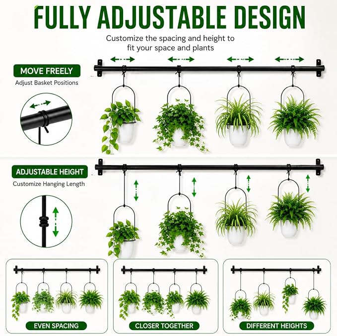 Adjustable Hanging Window Planter with 4 Pots, Space Saving Indoor Herb Garden Plant Hanger, Metal Vertical Plant Rack for Kitchen, Balcony & Home Deco41in-4 Flower pots