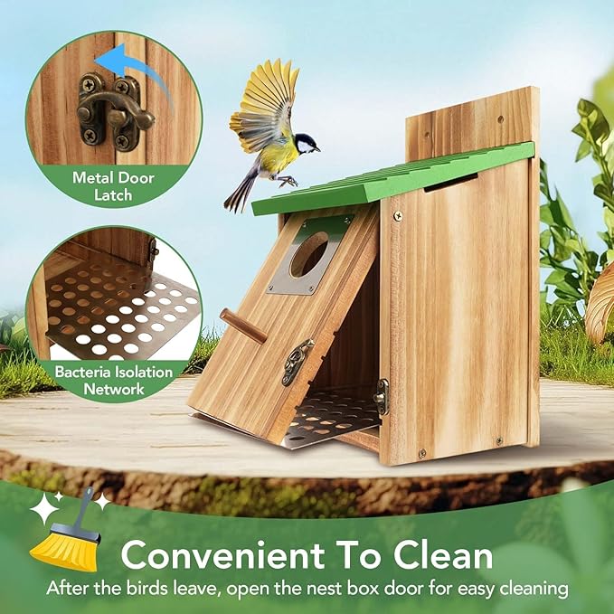 Bird Houses for Outside - Cedar Bluebird Houses with Metal Predator Guard, Birdhouse for Wren Bluebirds Finches Swallows, Carbonized Wooden Birdhouse