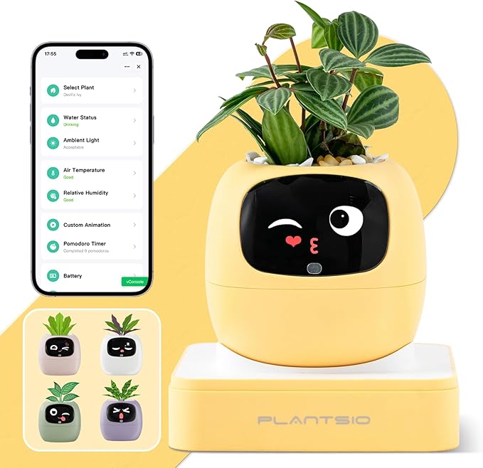 Smart Planter with App Control, Self-Watering AI Plant Pot with LCD Display, Interactive Desk Plant Companion for 100+ Plants, Smart Indoor Planter with Pomodoro Timer,80ml Reservoir,Calendar-Yellow
