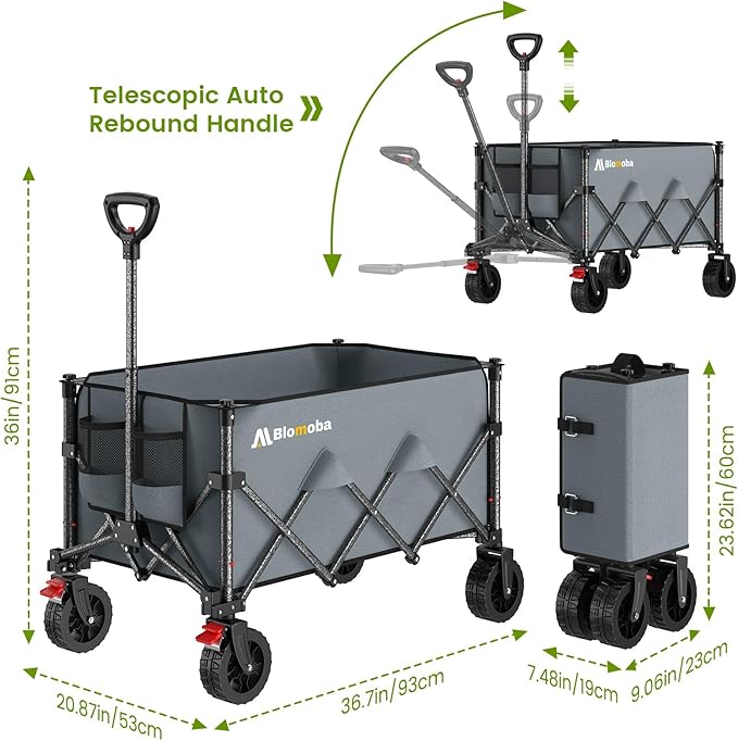 Blomoba Collapsible Wagon Cart with Wider Wheels, 330lbs Heavy Duty Foldable Beach Wagon with Auto-Rebound Handle, 180L Utility Grocery Shopping Cart for Garden, Shopping, Camping, Sports, Gray