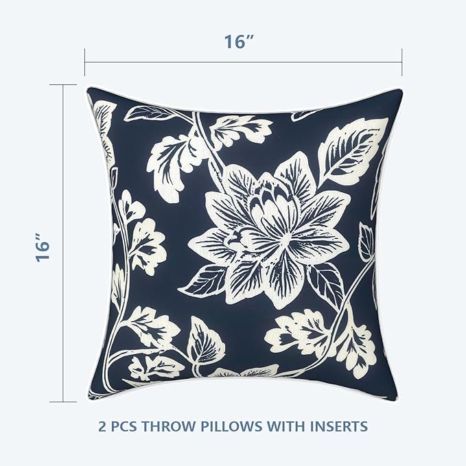 LVTXIII Outdoor/Indoor Throw Pillows, Decorative Patio Accent Pillows, Fluffy Water Repellent Garden Cushions for Home Patio Coach Sofa Use, 16×16 Inch, Pack of 2, Elegant Vines Navy