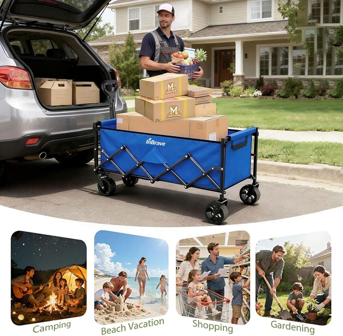 Extra Long Collapsible Wagon Cart, 480LBS Heavy Duty Utility Wagons with All-Terrain Wheels, Foldable Grocery Carts for Gardening, Shopping, Beach, Camping, Royal Blue