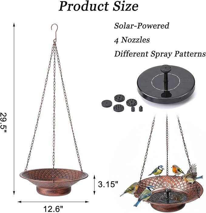 12.6" Hanging Solar Bird Bath, Birdbath Fountain Solar Power, Metal Bird Bath for Outside Hanging, Hanging Bird Fountain for Garden, Patio, Lawn Decor, Bronze