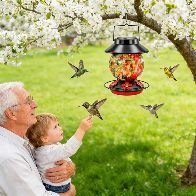 Solar Hummingbird Feeder for Outdoors 24oz Solar Powered Hummingbird Feeder Hand Blown Glass 7 Color Changing for Outdoors Garden Hanging Water-Proof Leak Proof Wild Bird Feeders Gifts for Women Mom