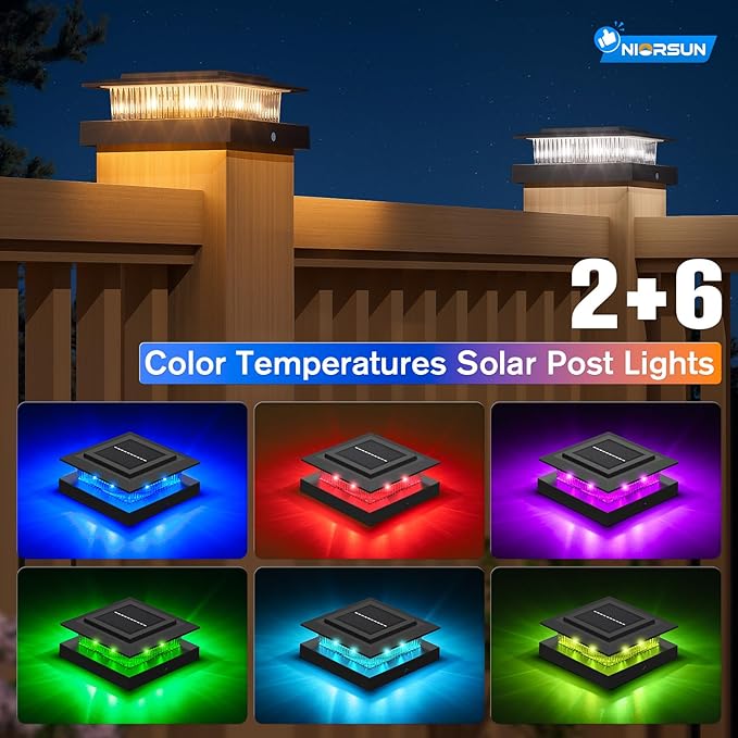 NIORSUN Solar Post Cap Lights Outdoor Waterproof, 4x4 Post Solar Lights RGB Color Changing, Fence Posts Solars Light for Deck Patio Garden Decoration, 4x4 Posts Caps Wood Vinyl, 16 Pack (Black)