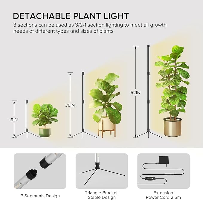 SANSI T10 Standing Grow Lights for Indoor Plants, 80W 144 LEDs Full Spectrum Plant Light Vertical Grow Light, 4.34FT Adjustable Three-Stage, 5 Dimming, Timer 3/6/12h, 4000K, for Wide Coverage Growth