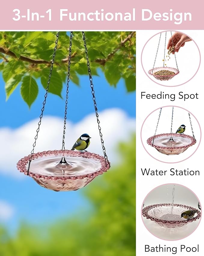 2 Pack Hanging Bird Baths and Feeders for Outdoors, Plastic Bird Bath Bowl & Hanging Feeder for Garden Yard Decor,Lilac Purple