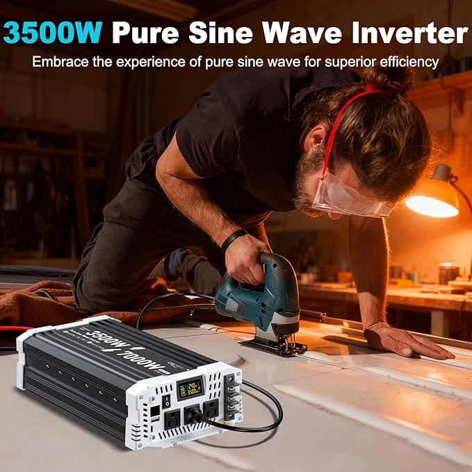 3500 watt Pure sine Wave Inverter, 24V DC to 110V AC Power Inverter, with 3 AC Output sockets, USB Port, Type-C Port, Remote Control with LCD Screen, Used for Solar Emergency Power Supply in RV Homes