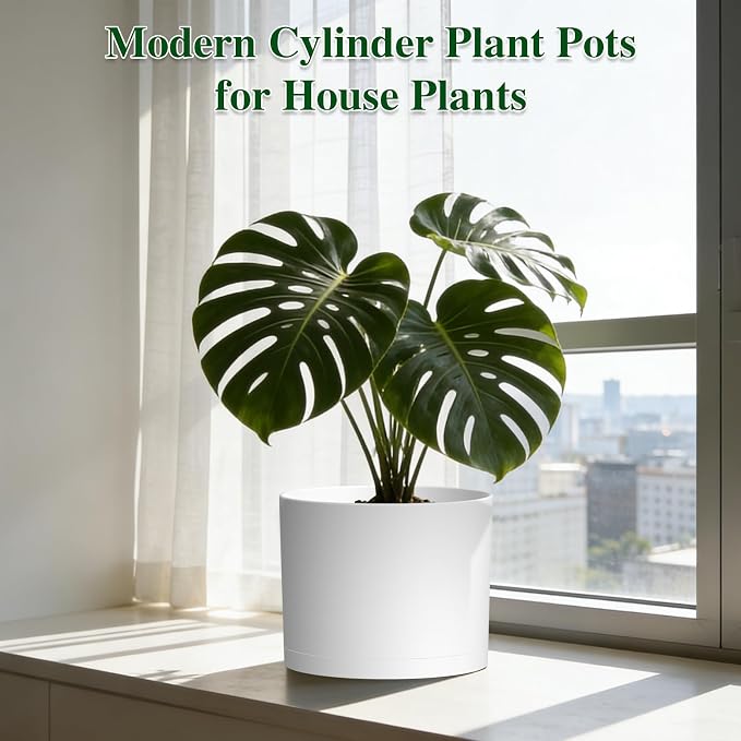 Plant Pots, 10/9/8 Inch 3 Pack Cylindrical Flower Pots with Drainage Holes and Saucers, Plastic Planters for Outdoor Indoor Plants,White
