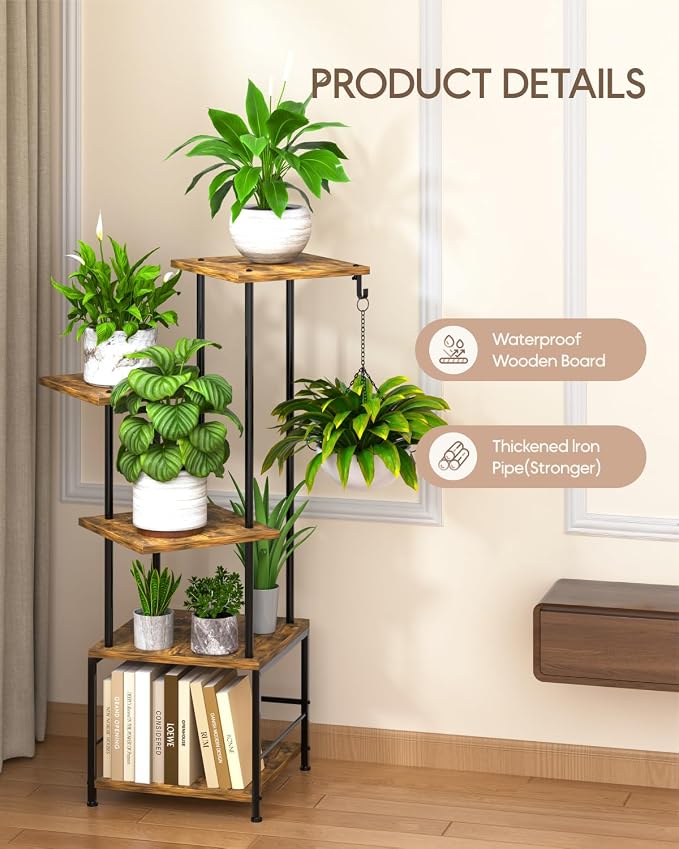 Homsorout Plant Stand Indoor - 5-Tier Metal Plant Shelf with Hanging Basket Hook, Corner Tall Flower Holder for Multiple Plants, Living Room Balcony Garden Patio, Rustic Brown