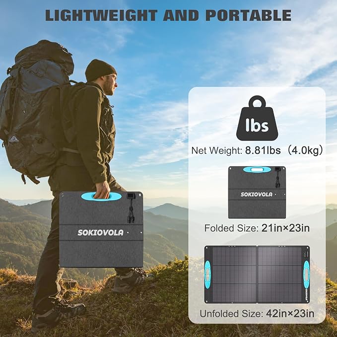 SOKIOVOLA 100W Portable Solar Panel for Power Station,ETFE Portable Foldable Solar Charger NextGen 25% High Conversion IP68 Waterproof Solar Panel for Camping Outdoor RV Blackout