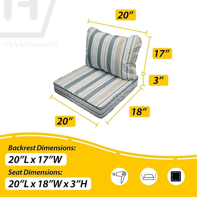 AAAAAcessories Outdoor Seat Cushions for Chairs, Fade-Resistant, Waterproof Patio Furniture Replacement Cushions, 20" x 18" x 3" + 20" x 17", Slate Gray Blue Coastal Stripe